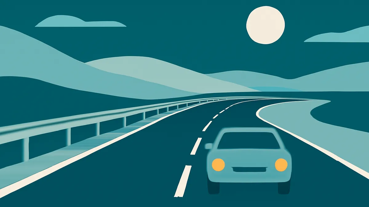 A car drives on a highway at night under a full moon with rolling hills in the background