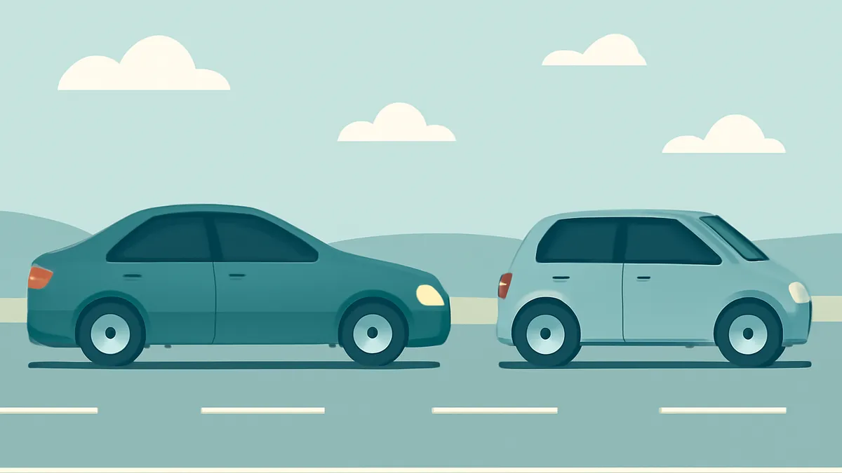 Two cars, a sedan and a hatchback, driving on a road under a light blue sky with white clouds